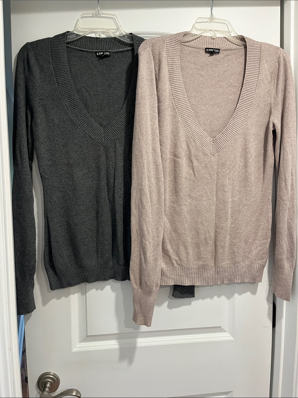 Express Women's V-Neck Sweater Pair in Charcoal & Light Taupe